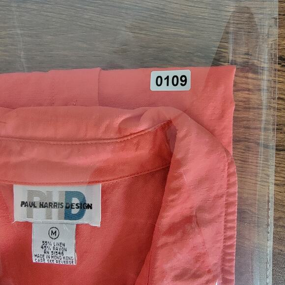 VTG Linen Blend Button Top Womens M Coral Orange Tropical Fall Halloween Boho - Picture 8 of 8